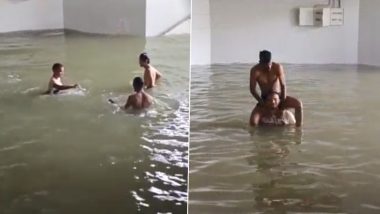 Uran Railway station Gets Flooded After Incessant Rains in Navi Mumbai, Video of Locals Taking Dip Goes Viral