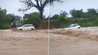 Jammu and Kashmir Rains: Car Washed Away in Floods Caused by Heavy Rainfall in Samba’s Bari Brahmana (Watch Video)