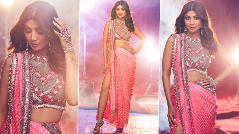 Shilpa Shetty Looks Drop-Dead Gorgeous in Embellished Pink Saree With Thigh-High Slit (View Pics)