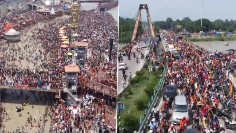 Uttarakhand: Thousands of Kanwariyas Collect Holy Water From River Ganga in Haridwar, Breathtaking Drone Video Surfaces