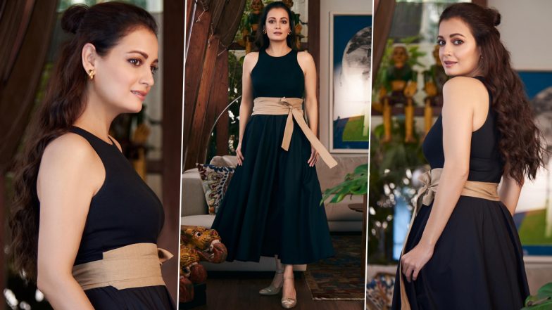 Dia Mirza Looks Lovely in Sleeveless Black Midi Dress and Brown Belt (View Pics)