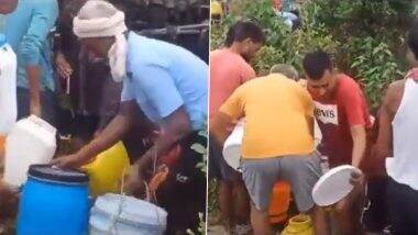 Oil Loot in Madhya Pradesh Video: Container Carrying Mustard Oil Overturns in Bhind, Locals Rush With Bottles and Buckets To Steal