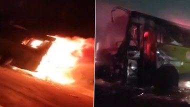 TSRTC Bus Catches Fire Video: Bus Bursts Into Flames on Hyderabad Road, All Passengers Safe