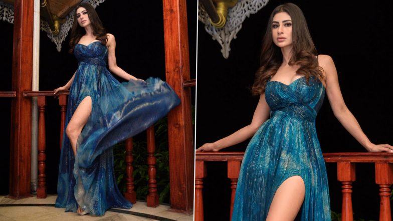 Mouni Roy Stuns in Sleeveless Blue Dress With Thigh-High Slit (View Pics)