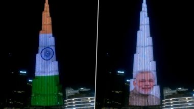 PM Modi in UAE: Dubai’s Burj Khalifa Lit Up in Colours of Indian Flag, Welcomes Prime Minister Narendra Modi With Dazzling Light Show (Watch Video)