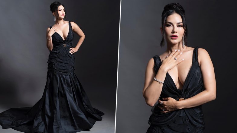 Sunny Leone Flaunts Massive Cleavage in Black Maxi Dress With Plunging Neckline, View Pics of Sexy Siren!