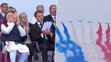 Bastille Day Parade 2023 Video: Flypast in Colours of French National Flag Adorn Paris Sky in Presence of Guest of Honour PM Narendra Modi