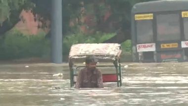 Delhi Rains Fury: Rickshaw-Puller Peddles Through Chest-Deep Water in Waterlogged Red Fort Area (Watch Video)