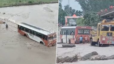Haridwar-Bound UP Roadways Bus Gets Stuck on Flooded Causeway, 40 Passengers Rescued With JCB (Watch Videos)