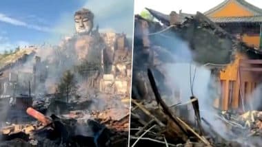 Buddha Statue Fire in China: Massive Blaze Burns Giant Buddha Idol in Gansu Province, Horrifying Videos Go Viral