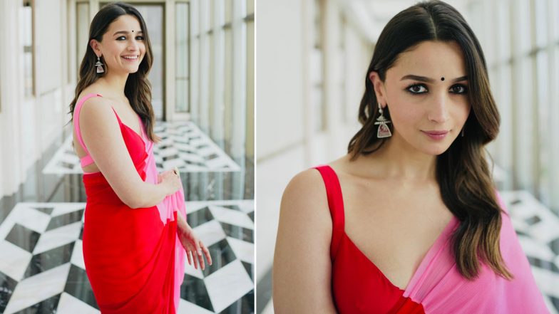 Alia Bhatt Turns Heads in Red-Pink Saree Paired With Strappy Blouse for RRKPK's Promotion in Kolkata (View Pics)