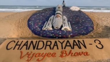 Chandrayaan-3 Sand Art: Sudarsan Pattnaik Makes 22-Feet Long Sand Art of Rocket as ISRO Set To Launch India's Third Moon Mission (Watch Video)