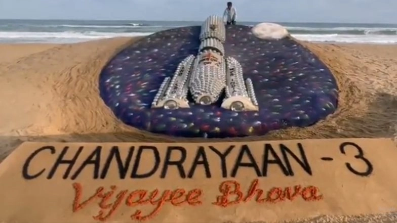 Chandrayaan-3 Sand Art: Sudarsan Pattnaik Makes 22-Feet Long Sand Art of Rocket as ISRO Set To Launch India's Third Moon Mission (Watch Video)