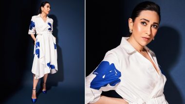 Karisma Kapoor Spells Glam in Collared White and Blue Midi Dress and Sleek Hair (View Pics)
