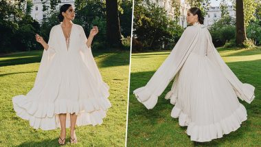 Sonam Kapoor Gears Up for Dance Party and Exudes Elegance in Sister Rhea Kapoor’s Ethereal White Dress With Ruffle Cape (View Pics)