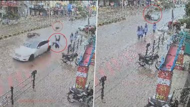 Karnataka Road Accident Video: Speeding Car Hits Biker, Flings Two Girl Students in Air in Raichur; Horrific CCTV Footage Surfaces