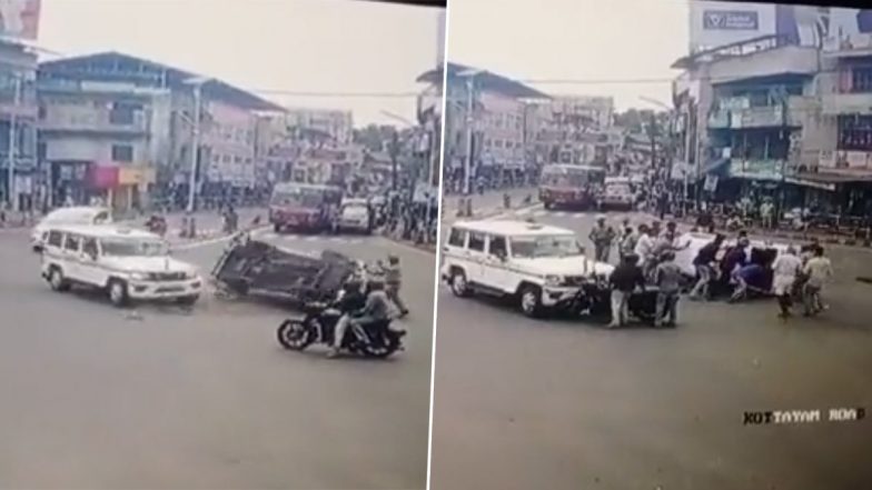 Kerala Road Accident Video: Education Minister V Sivankutty's Convoy Vehicle Rams Into Ambulance in Kollam, Three Injured