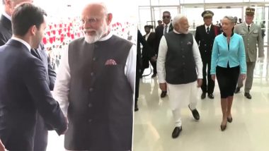 PM Modi Gets Warm Welcome in France Video: Prime Minister Narendra Modi Received by French PM Elisabeth Borne in Paris