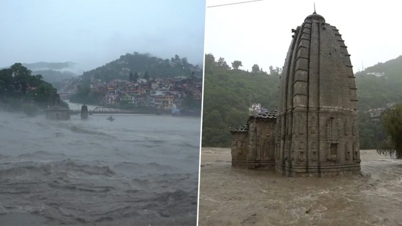 Himachal Pradesh Floods Video: Panchvaktra Temple in Mandi Submerges in Water Due to Spate in Beas River After Incessant Rains