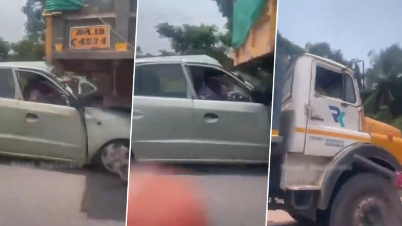 Car Stuck Under Truck After Collision Dragged for Few Kilometres in Karnataka's Udupi; Disturbing Video Goes Viral