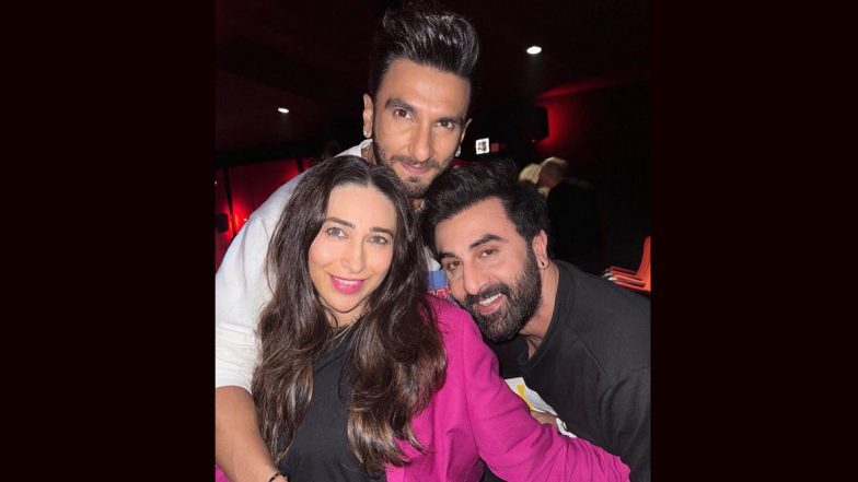 Karisma Kapoor Poses With Ranbir Kapoor and Ranveer Singh at the Screening of Rocky Aur Rani Ki Prem Kahani (View Pic)