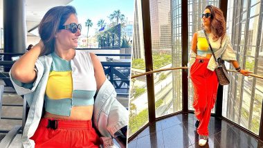 Hina Khan Vacays in Los Angeles, Shares Pics in Colourful Crop-Top and Red Trousers
