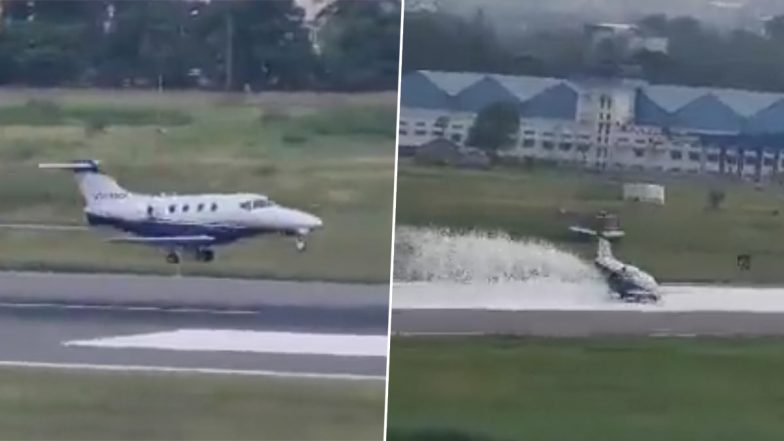 Emergency Landing Video: Private Aircraft Makes Emergency Landing at HAL Airport in Bengaluru Following Technical Snag in Failed Nose-Landing Gear