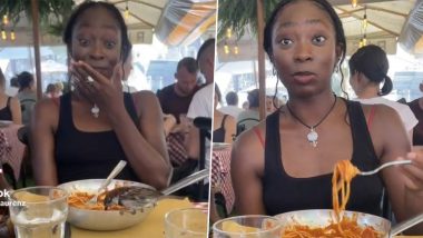 Bird Eating Pasta Viral Video: Bird Relishes Spaghetti Pasta From Woman's Plate at Restaurant