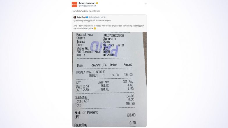 'Hum Toh 14 Ki Hi Bechte Hai': Swiggy Instamart Gives Hilarious Response to YouTuber Who Shared Inflated Bill of Maggi Noodles Purchased at Airport