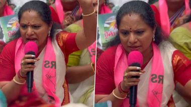 Telangana CM KCR’s Daughter Kavitha Kalvakuntla Leads Protest Against Congress Leader Revanth Reddy’s Statement on Free Power to Farmers (Watch Video)