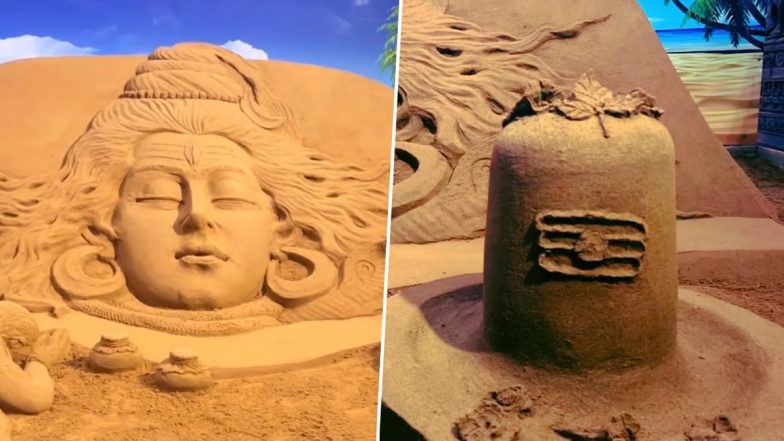 Sawan Somwar 2023 Sand Art Video: Sudarsan Pattnaik Makes Lord Shiva Sculpture at Bhubaneswar Airport To Send Greetings For First Shravan Monday