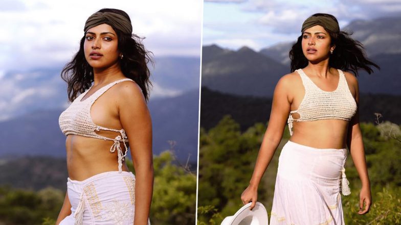 Amala Paul Serves Fashion Goals in Freeing White See-Through Bikini Top and Long Skirt With Brown Bandana (View Pics)