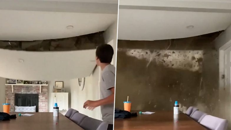 Ceiling Collapse in US Video: Virginia Family Watches in Shock as Dining Room's Ceiling Crashes Down