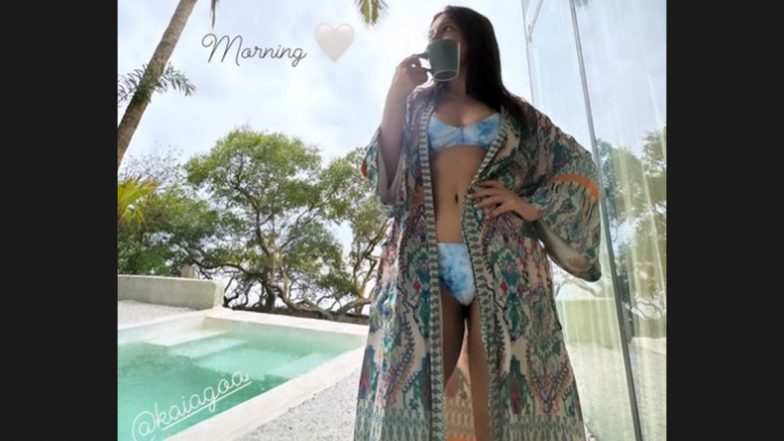 Bhumi Pednekar Chills in Goa and Enjoys Her Cuppa by the Pool in Blue and White Tie Dye Bikini and Multi-Coloured Cover-Up! (View Pic)