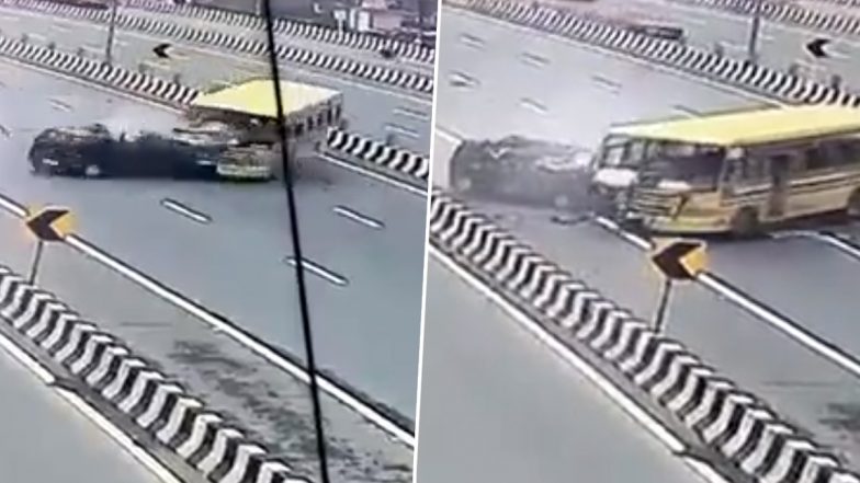 Ghaziabad Road Accident Video and Photos: School Bus Coming From Wrong Direction Collides With Car on Delhi-Meerut Expressway, Six Killed