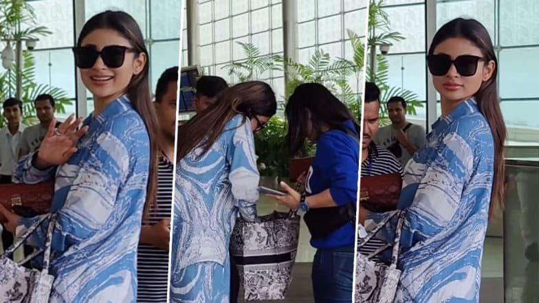 Mouni Roy Snapped at Airport in Stylish Blue and White Fit! Actress Tells Paps She Forgot Her Passport (Watch Video)