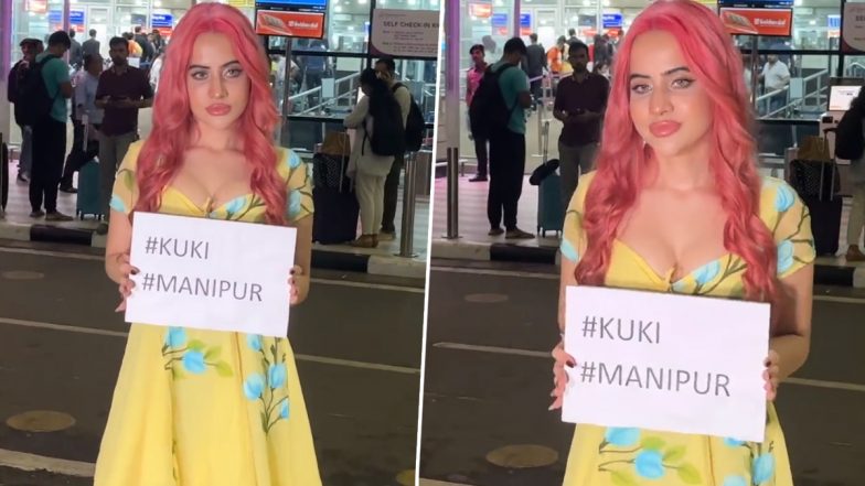 Uorfi Javed Takes Strong Stand Against Manipur Women Incident, Stands With Sign in Front of Airport in Pink Wig and Yellow Dress (Watch Video)