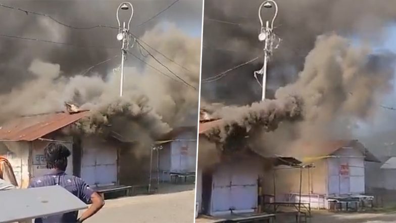 Kanpur Fire Video: Massive Blaze Erupts at Book Stall in Armapur, Spreads to Adjacent Shops