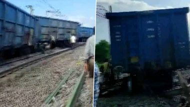 Goods Train Derails in Chhattisgarh: Nine Empty Wagons of Freight Train Derail in Bilaspur Division, Restoration Work in Progress (Watch Video)