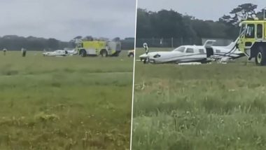 US Plane Crash-Landing Video: Woman Passenger Takes Control of Aircraft After 80-Year-Old Pilot Falls Sick, Crash Lands It in Massachusetts