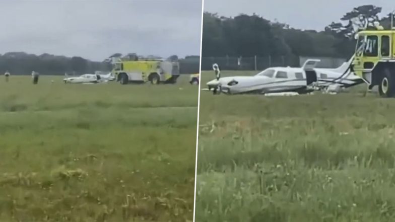 US Plane Crash-Landing Video: Woman Passenger Takes Control of Aircraft After 80-Year-Old Pilot Falls Sick, Crash Lands It in Massachusetts