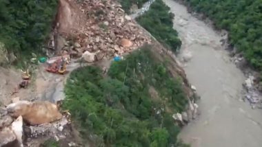 Himachal Pradesh Flood: Chandigarh-Manali National Highway Shut Following Massive Landslide Near Six Mile Area in Mandi, Drone Video Footage Captures Widespread Destruction