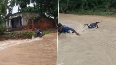 Telangana Rains Videos: Two Bike-Borne Men Wash Away in Rivers in Two Separate Incidents; One Rescued, Search on For Second