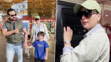 Kareena Kapoor and Saif Ali Khan Return From Vacation With Taimur and Jeh, Pataudi Family Papped at Airport! (Watch Video)