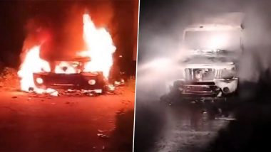 Police Vehicle Set on Fire in West Bengal Video: Miscreants Torch Car in Murshidabad Amidst West Bengal Panchayat Elections 2023 Violence