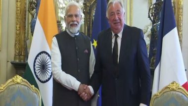 PM Narendra Modi Meets President of French Senate Gerard Larcher in Paris (Watch Video)