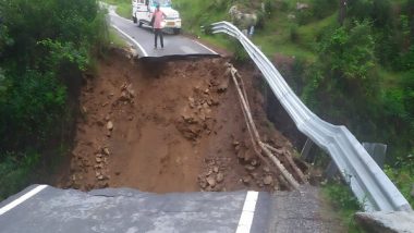 Highway Washed Away in Uttarakhand Videos: Part of Gairsain-Karnprayag National Highway in Chamoli Swept Away Due to Heavy Rains, People Stranded