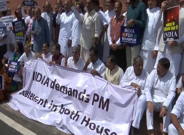 India News | Monsoon Session: Opposition INDIA Stages Protest in Parliament, Seeks PM Modi's Statement on Manipur Inside Both Houses