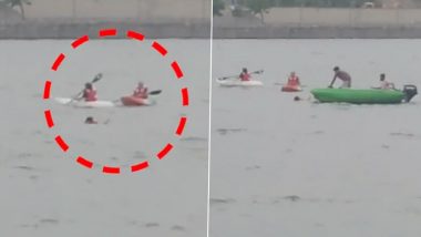 Ahmedabad Boat Capsize Video: Man Falls Into Water Body After Raft Capsizes While Boating in Sabarmati River, Viral Clip Surfaces