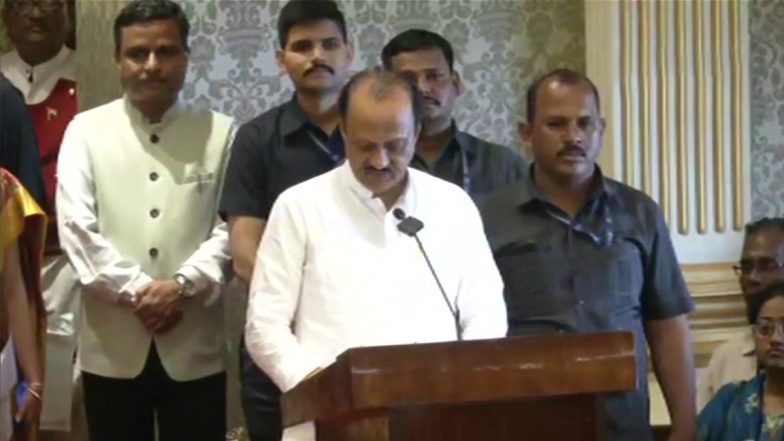 Ajit Pawar Takes Oath As Maharashtra Deputy CM at Raj Bhavan in Mumbai, Joins Eknath Shinde-Devendra Fadnavis Government in State (See Photo and Video)